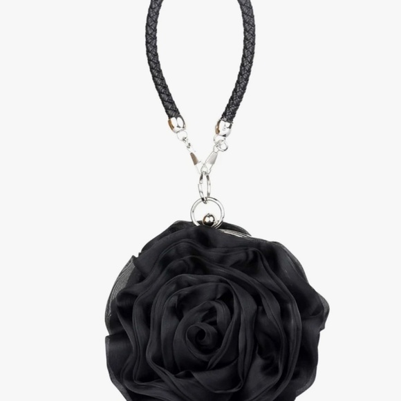 Black Satine Rose Flower Clutch Handbag with Removeable Strap - Picture 5 of 5